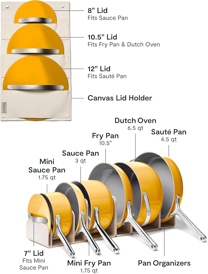 Caraway Deluxe Non-stick Ceramic Cookware Set (16 Piece) Pots, Frying Pans, Lids and Kitchen Storage - PFAS & PFOA Free - Oven Safe Pan Set & Compatible with All Stovetops - Marigold