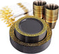 NOCCUR 210pcs Black and Gold Dinnerware Set - Black Disposable Plates and Napkins Party Supplies Include 60 Dinner/Dessert Plates, 30 Prerolled Plastic Cutlery&30 Cups for Party/Birthday/New Year