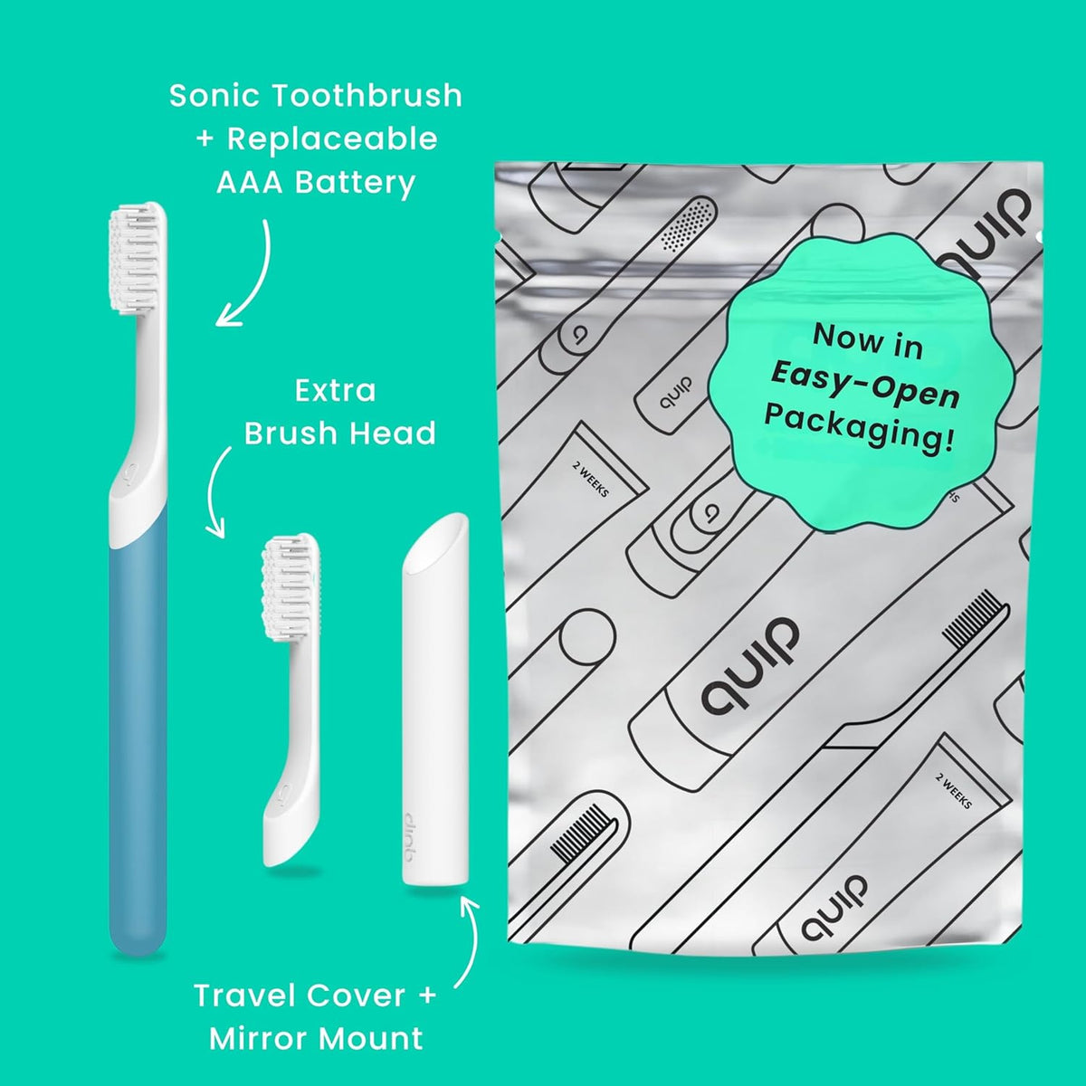Quip Plastic Sonic Toothbrush, Electric Toothbrush for Adults –Time Travel & Soft Bristles with Travel Case & Replaceable Brush Head -3-Month Battery Life - Marine Blue