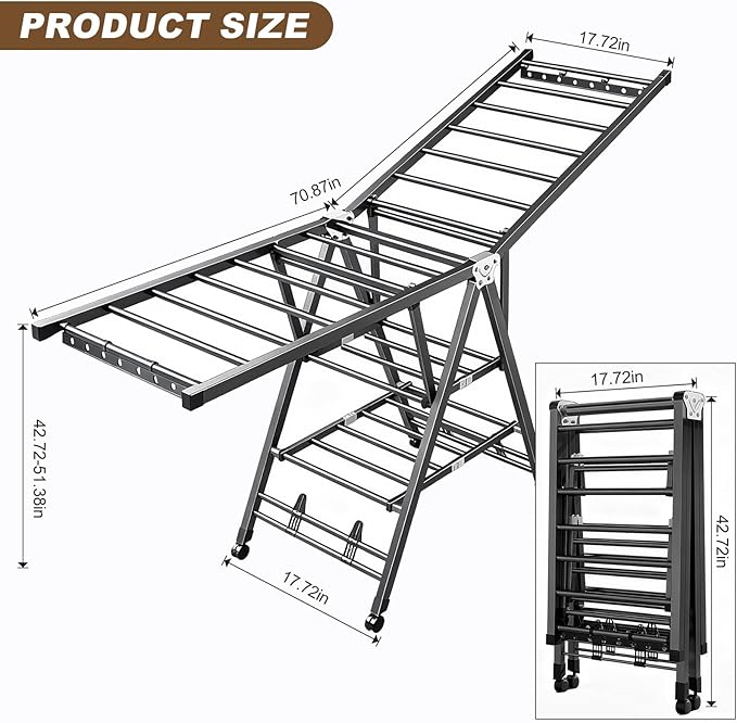 Heavy Duty 3-Tier Clothes Drying Rack with Wheels & Shoe Rack - Large 5.9ft Foldable Metal Laundry Stand, Portable Collapsible Clothing Hanger for Indoor Outdoor Use in Laundry Room