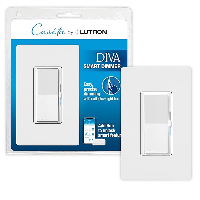Lutron Diva Smart Dimmer Light Switch with Wallplate for Caseta Lighting (Lutron Smart Hub Required), for LED Lights, 150W, Single-Pole/3-Way, No Neutral, White (DVRFW-6L-WH-A)