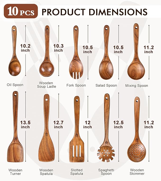 Wooden Spoons for Cooking, 10 Pcs Natural Teak Wood Kitchen Utensils Set, Comfortable Grip Wooden Utensil Set for Nonstick Pans & Cookware, Heat Resistant Wooden Spoons Wooden Spatulas Set