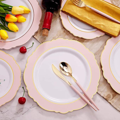 WDF 30Guest Pink Plates Disposable - Hign-end Baroque Design - Gold Plastic Silverware with Handle-Baroque Pink &Gold Plastic Dinnerware for Valentine's Day/Wedding