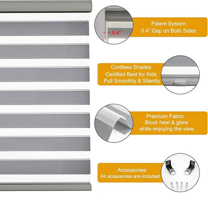 Persilux Cordless Zebra Blinds for Windows Free-Stop Roller Windows Shades (46" W X 72" H, Grey) Dual Layer Light Control for Day and Night, Light Filtering Sheer Shades for Home
