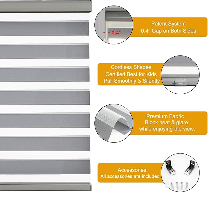 Persilux Cordless Zebra Blinds for Windows Free-Stop Roller Windows Shades (31" W X 72" H, Grey) Dual Layer Light Control for Day and Night, Light Filtering Sheer Shades for Home