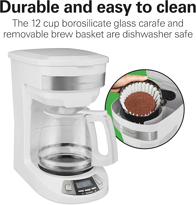 Hamilton Beach 12 Cup Programmable Drip Coffee Maker with 3 Brew Options, Glass Carafe, Auto Pause and Pour, White (46294)