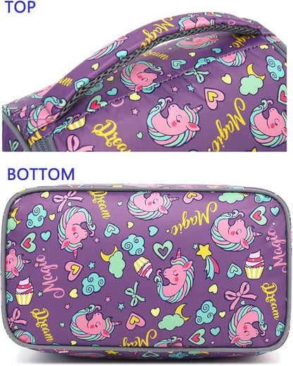 FlowFly Double Decker Cooler Insulated Lunch Bag Large Tote for Boys, Girls, Men, Women, With Adjustable Strap (Purple-Unicorn)