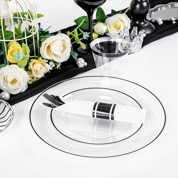 SUT 350 Pcs Black and Clear Plastic Dinnerware Set
