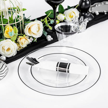 SUT 350 Pcs Black and Clear Plastic Dinnerware Set