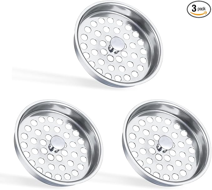 3-1/2 Inch Commercial Sink Strainer - 304 Stainless Steel Clog-Free Drain Cover, Precision Fit for 3.5" Drains & 3 Compartment Sinks, Heavy-Duty for High-Volume Kitchens (3-Pack)