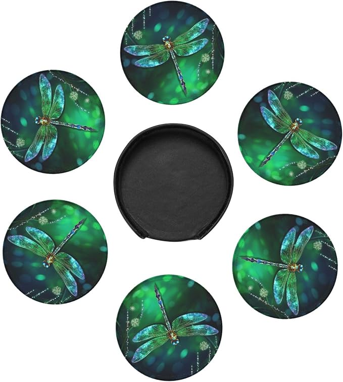 6 Pcs Fantasy Spring Dragonfly Leather Coasters