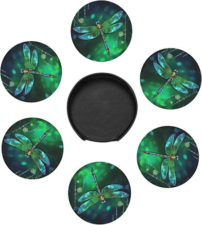 6 Pcs Fantasy Spring Dragonfly Leather Coasters
