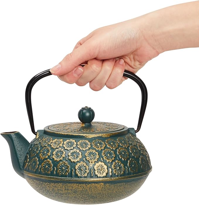Juvale Cast Iron Tea Kettle with Infuser - 34 oz, Sage Green Floral - Loose Leaf Tea Infuser Pot & Japanese Cast Iron Teapot