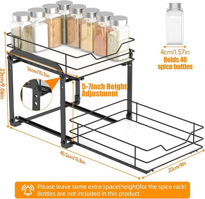 Spice Rack Organizer for Cabinet, 2 Tier Vertical Pull Out Spice Rack – Heavy Duty Metal Spice Organization for Cabinet, 40-Jar Capacity, Height Adjustable Cabinet Organizer (9"W×10.5"D×9"H, Black)