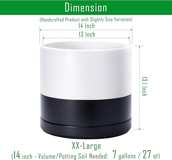 D'vine Dev 14 Inch Ceramic Planter Pot with Drainage Hole and Saucer, Indoor Cylinder Round Planter Pot, Layered Monochrome Black & White, 94-O-G-L
