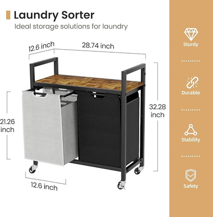 Laundry Hamper, Laundry Basket, Laundry Sorter with 2 Removable Bags, Clothes Basket with 2 Compartments, Wheels, Shelf for Laundry Room Bathroom Bedroom (2 Bags-Black Grey)