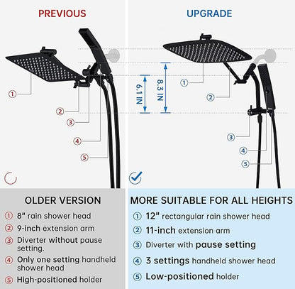 G-Promise All Metal 12 Inch Shower Head with Massage Mode Handheld, Rain Shower Head with Handheld Spray Combo, 3-Way Diverter with Pause Setting, 11 Inch Adjustable Extension Arm (Matte Black)