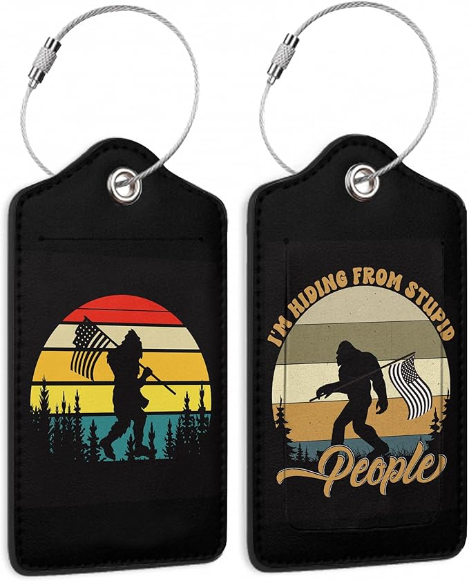 2 Pack Luggage Tag for Suitcase, Bigfoot American Flag Leather Bag Tags Identifiers Privacy Cover ID Label with Durable Steel Loop for Women Men Kids Girls Travel