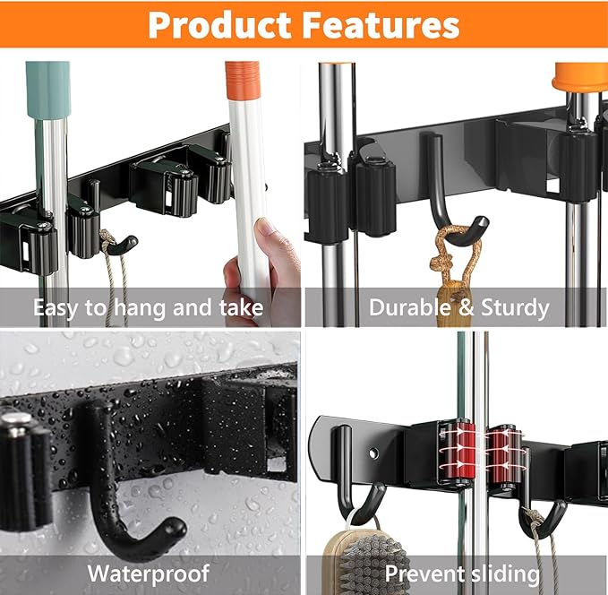 2 Pack Mop and Broom Holder Wall Mount, Non-slip Broom Hanger Wall Mount, Heavy Duty Mop Broom Organizer for Kitchen Garden Garage Laundry Room Wall Decor Organization and Storage Black 5R4H