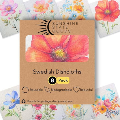Swedish Dishcloths for Kitchen - Ecofriendly Reusable Paper Towels, Biodegradable Dish Cloths - Cellulose Sponge Dish Cloths for Washing Dishes - 8 Pack (Floral)