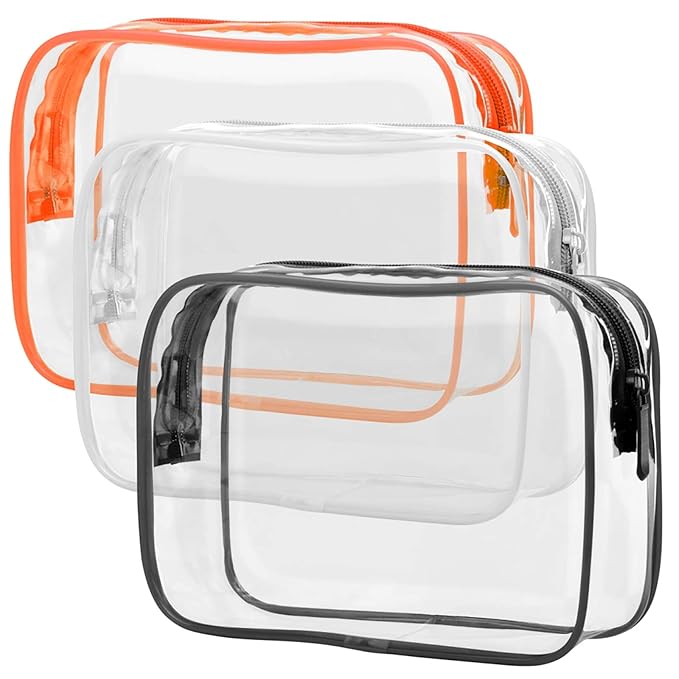 PACKISM Clear Toiletry Bag - 3 Pack TSA Approved Toiletry Bag Quart Size Bag, Travel Makeup Cosmetic Bag for Women Men, Carry on Airport Airline Compliant Bag, Black, White, Orange