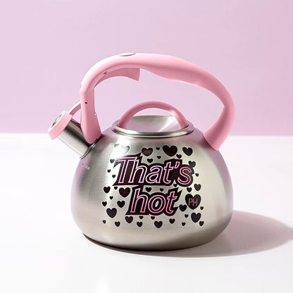 Paris Hilton Whistling Stovetop Tea Kettle, Stainless Steel with Color Changing "That's Hot" Heat Indicator Design, Soft Touch Handle, 2.5-Quart, Pink