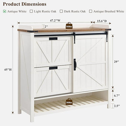 OKD Shoe Storage Cabinet with 2 Flip Drawers & Sliding Door, Farmhouse Entryway Shoe Organizer, Freestanding Rustic Hidden Shoe Rack Cabinet for Entryway, Antique White