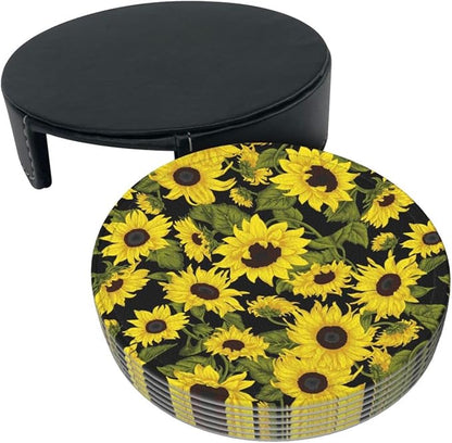 Drink Coasters with Holder Stand Set of 6, Sunflower Pu Leather Absorbent