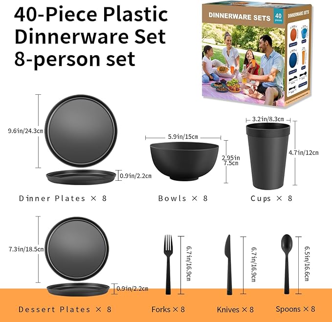 40 Piece RV & Camping Dinnerware Set, Elegant Ceramic-Look Large Bowls & Plates, Unbreakable & 100% Microwave Safe, Melamine Alternative Service for 8, Brown