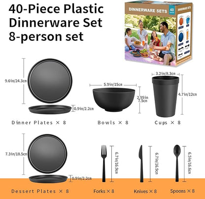 40 Piece RV & Camping Dinnerware Set, Elegant Ceramic-Look Large Bowls & Plates, Unbreakable & 100% Microwave Safe, Melamine Alternative Service for 8, Boho