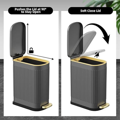 2.6 Gallon Slim Bathroom Trash Can with Soft Close Lid, 10L Stainless Steel Garbage Can with Removable Liner Bucket, for Narrow Spaces, Bathroom, Bedroom (Gray)