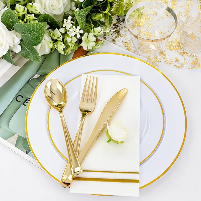 SUT 350 PCS Elegant White and Gold Disposable Dinnerware Set