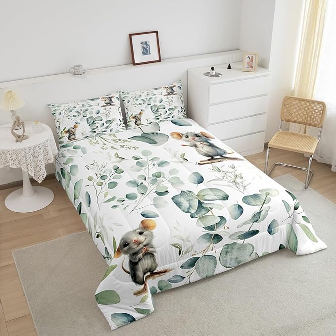 Erosebridal Kids Cute Animal Bedding King Size for Girls Boys Cartoon Mouse Comforter Set King, Spring Eucalyptus Duvet Insert Watercolor Leaves Quilt Set, Kawaii Animal Mice Bedding Comforters & Sets