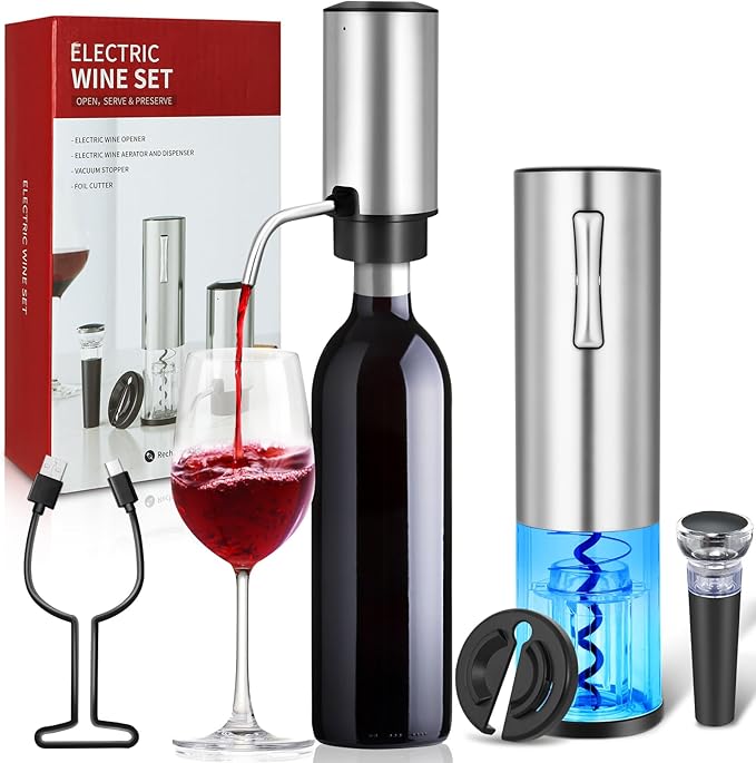 Electric Wine Opener with Electric Decanter and Aerator, Rechargeable Electric Wine Bottle Opener, Stainless Steel Wine Accessories with Foil Cutter, Electric Aerator, Vaccum Stopper