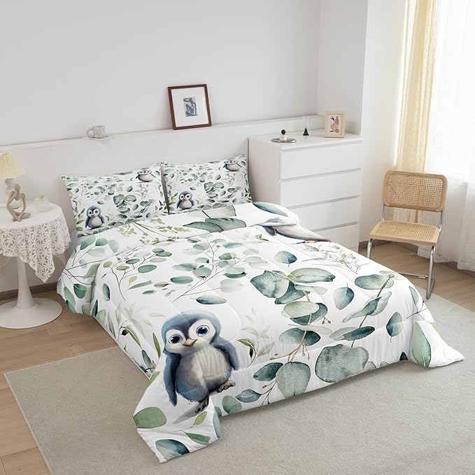 Erosebridal Cartoon Penguin Full Comforter Set Toddler Woodland Wildlife Bedding Set, Plant Bedding Comforter Sets Eucalyptus Leaf Duvet Set, Antarctic Animal Theme Quilted Comforter Kids Room Decor