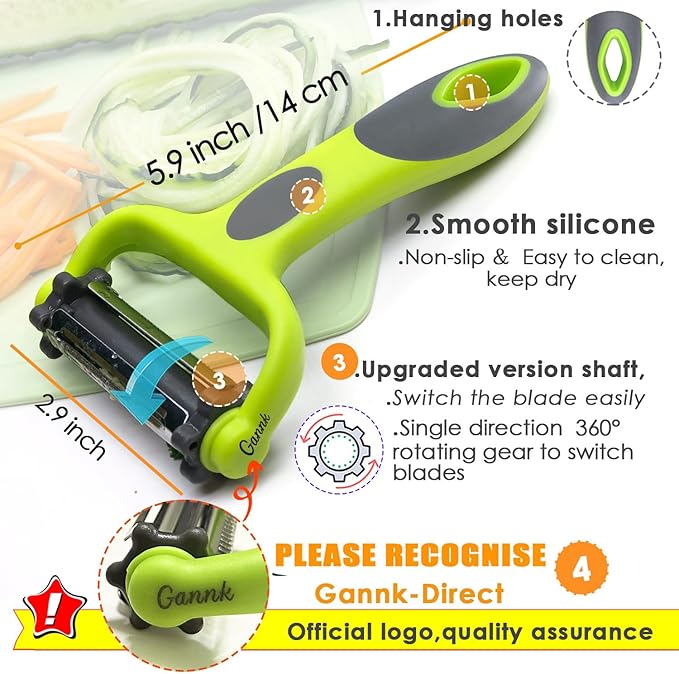 GANNK Potato Apple Vegetable Peelers for Kitchen, I and Y Peelers for Fruit Veggie Potatoes Carrot Cucumber, 3 in 1 Blade Spin Design With Julienne Function