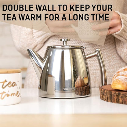 VeoHome Stainless Steel Tea Pot with Infuser - Keeps Heat Thanks to its Double Wall, Silver (0.5 Liter (17 oz))…