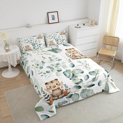 Erosebridal Kids Cute Animal Toddler Comforter Set for Girls Boys Cartoon Tiger Bedding Set, Spring Eucalyptus Bedding Comforter Sets Leaves Duvet Set, Kawaii Jungle Animal Quilted Comforter