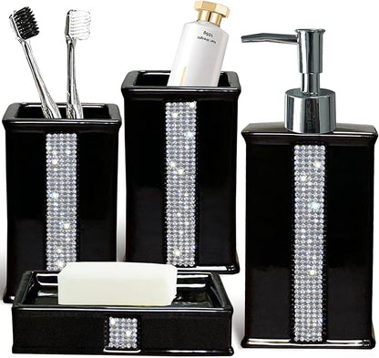 Bath Accessories Sets for Bathroom,Black Bathroom soap Dispenser Set,Ceramic Liquid Dispenser Pump, 2 Tumbler Cup,Soap Dish-Bathroom Home Decor Clearance (12 Ounce Black)