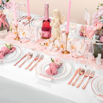 Supernal 400pcs Rose Gold Plastic Plates Disaposable Heavy Duty included Disposable Utensils& Plastic Party Plates Disaposable Party Cups and Napkins Sets for Wedding Party and Birthday