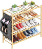 Bamboo Shoe Rack for Closet Small Wooden Shoe Organizer with Pouch, Sturdy Wood Shoe Shelf for Front Door Entrance Entryway and Outdoor, 26 inch Wide (Natural, 4-Tier)