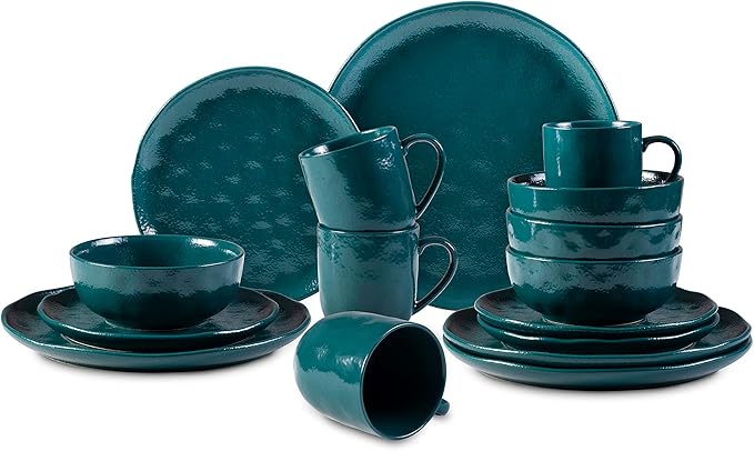 16-Piece Dinnerware Set Service for 4, Plates and Bowls Set, Microwave and Dishwasher Safe,Scratch Resistant, Turquoise