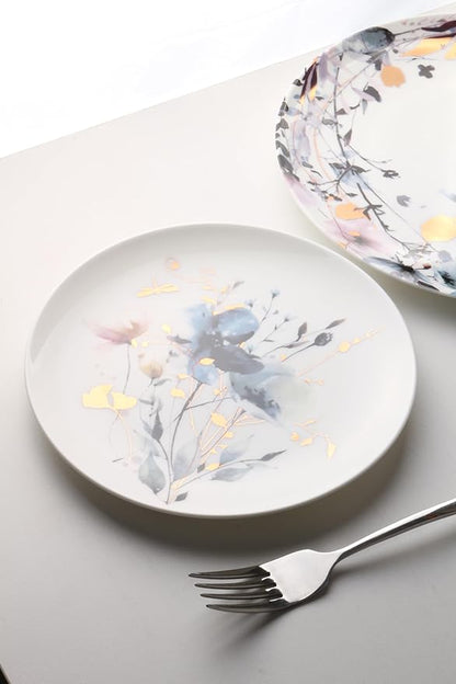 KOKEN Blue Dragonfly Ceramic Dinnerware Set - 4 Piece Plates and Bowls, Microwave Safe