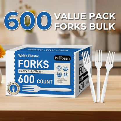 600Pack Disposable Plastic Forks Bulk White Heavy Duty Silverware - Value Pack Cutlery Set For Parties, Restaurant (600FORKS)