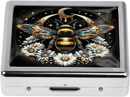 Cute and Stylish Metal Pill Box - Compact Portable Pill Organizer with 8 Compartments, Food-Grade Divider, Ideal for Travel, Vitamins, Jewelry, Cosmetics (Celestial Bee)