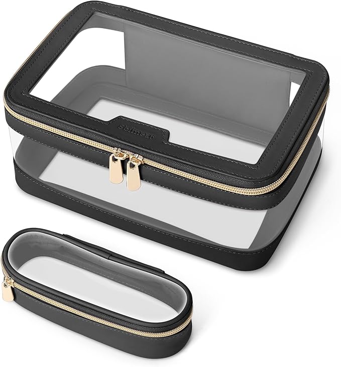 Travel Clear Makeup Bag with Makeup Brush Bag, Leather Makeup Case Toiletry Bag, Portable Cosmetic Bag Case, Transparent Waterproof Cosmetic Organizer Storage Bag for Women, Black