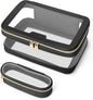 Travel Clear Makeup Bag with Makeup Brush Bag, Leather Makeup Case Toiletry Bag, Portable Cosmetic Bag Case, Transparent Waterproof Cosmetic Organizer Storage Bag for Women, Black