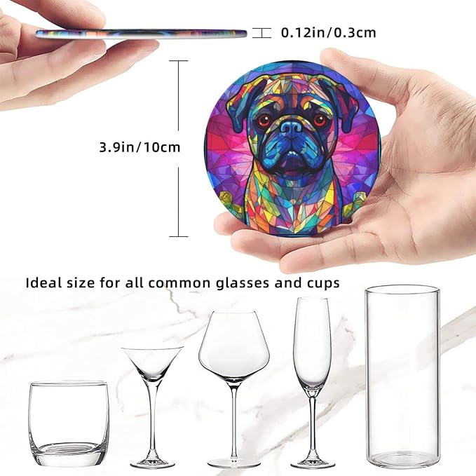 Pug Stained Dog Breed Glass Art Leather Drinks Coasters