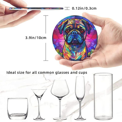 Pug Stained Dog Breed Glass Art Leather Drinks Coasters