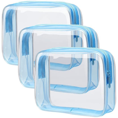 PACKISM Clear Toiletry Bag - 3 Pack Quart Size TSA Approved Toiletry Bag, Travel Makeup Cosmetic Bag for Women, Carry on Airport Airline Compliant Bag, Blue